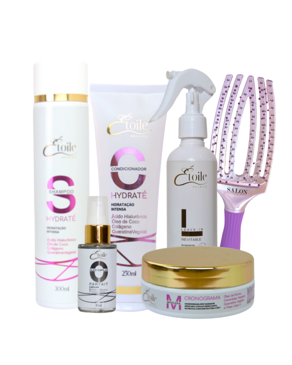 Kit Shampoo + Condicionador Hydraté + Óleo Parfait + Leave-in Inevitable + Máscara Cronograma + Escova Sortida